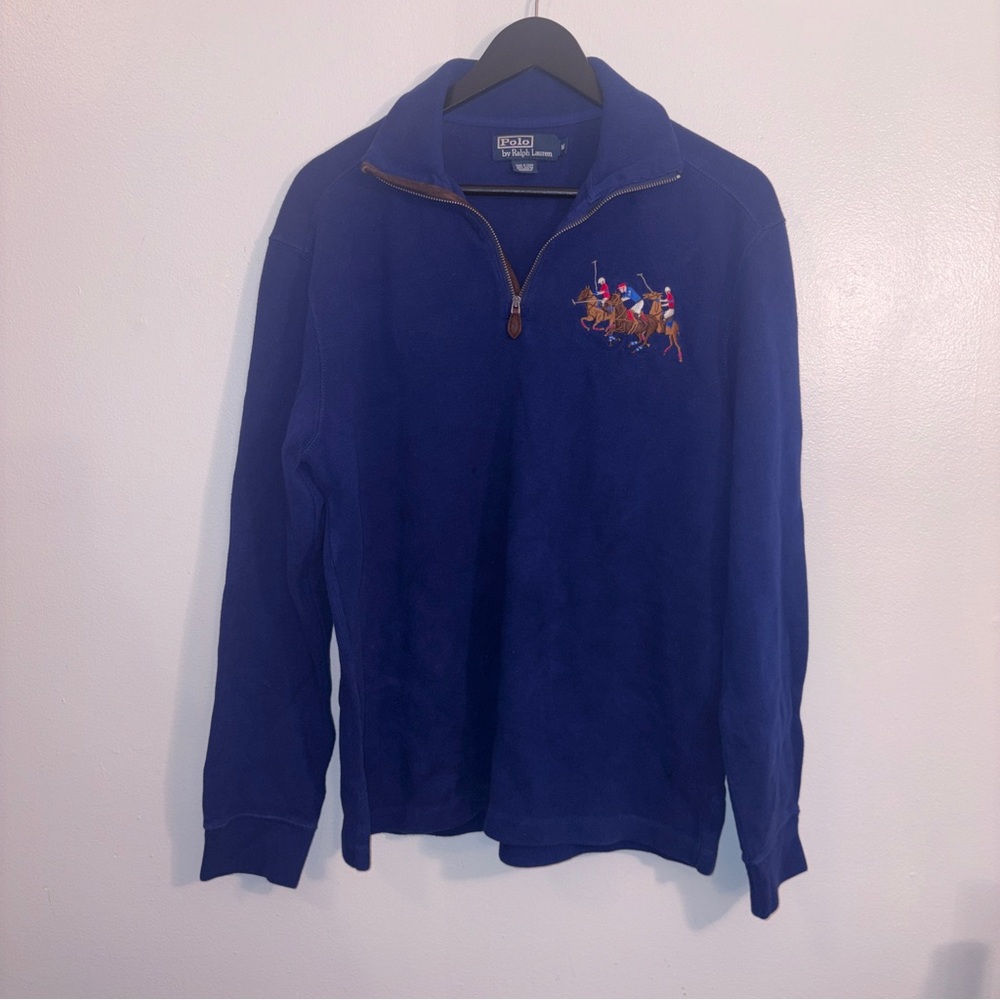 VTG Mens Ralph Lauren Navy Zip-Up Sweater Med Preppy Acadamia Old Money Classic